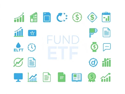 다양한 금융 상품들을 상징하는 아이콘(예: 그래프, 동전, 문서)들이 깔끔하게 정렬되어 있으며, 그 중앙에 '펀드'와 'ETF'라는 글자가 명확하게 표시되어 있습니다.