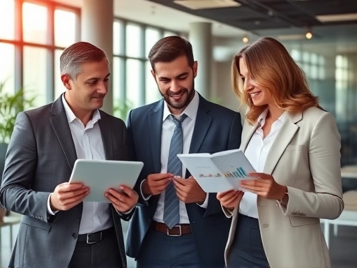 세련된 사무실 환경에서 그래프와 차트가 표시된 태블릿을 들고 투자 전략을 논의하는 사업가, 전문적인 분위기