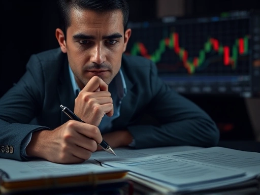 어두운 방 안에서 한 손에 펜을 들고 다른 한 손으로 턱을 괸 채 깊은 생각에 잠겨있는 한 투자자의 모습