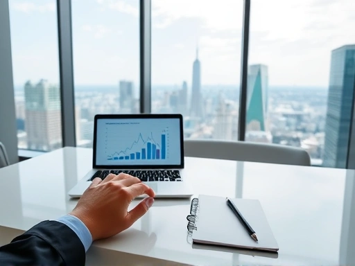 넓은 책상에 노트북과 그래프가 보이는 태블릿, 연필과 메모장이 놓여 있고, 그 위에 손이 놓여 있다.