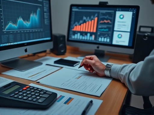 정리된 서류 더미와 계산기가 놓인 책상 위, 한 손은 그래프가 보이는 컴퓨터 모니터를 응시하고 다른 한 손은 펜을 잡고 있다.