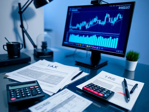 전문적인 투자자의 책상 위에 놓인 세금 서류와 계산기, 그리고 차트가 보이는 모니터.
