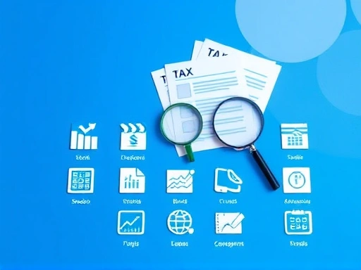 다양한 종류의 투자 상품들(주식, 채권, 펀드 등)이 디지털 인터페이스 위에 아이콘 형태로 배열되어 있고, 그 위에 세금 관련 문서와 돋보기가 놓여 있는 모습