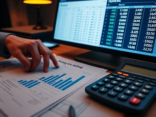 수익 그래프와 세금 관련 서류, 그리고 계산기가 함께 놓여 있는 책상 위의 클로즈업.