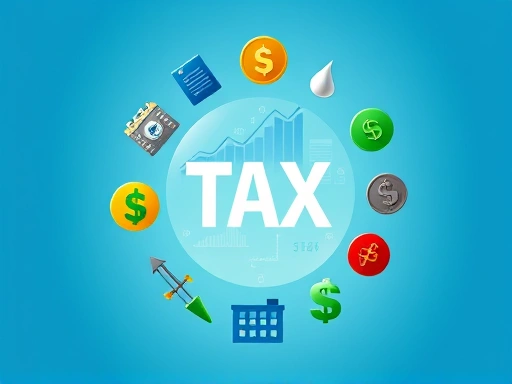 다양한 투자 자산(주식, 펀드, 코인, 부동산)을 상징하는 아이콘들이 원형으로 배치되어 있고, 중앙에는 복잡한 세금 계산을 연상시키는 그래프와 숫자들이 투명하게 겹쳐져 있는 모습