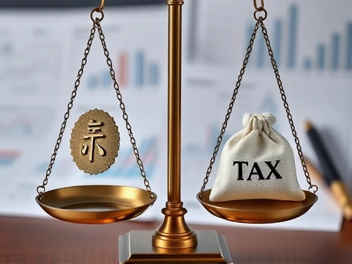 손실과 이익을 상징하는 두 개의 저울이 균형을 이루고 있으며, 한쪽 저울에는 'TAX'라는 글자가 적힌 작은 주머니가 놓여 있는 클로즈업.