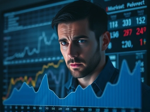 한 남자가 걱정스러운 표정으로 그래프를 보고 있으며, 어두운 조명과 복잡한 데이터 시각화가 불안감을 강조하는 첫 번째 이미지