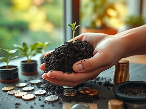 성장하는 식물과 동전이 놓여진 테이블 위에서 손이 흙을 덮고 있으며, 따뜻한 조명과 희망찬 분위기