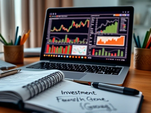 정돈된 책상 위, 노트북 화면에 복잡한 투자 차트와 그래프가 펼쳐져 있고, 옆에는 투자 용어가 적힌 노트와 펜이 놓여 있는 클로즈업