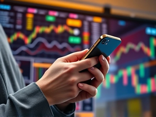 다채로운 아이콘과 차트가 있는 복잡한 금융 데이터를 배경으로, 손에 스마트폰을 들고 집중해서 투자 앱을 들여다보는 인물의 상반신 클로즈업.