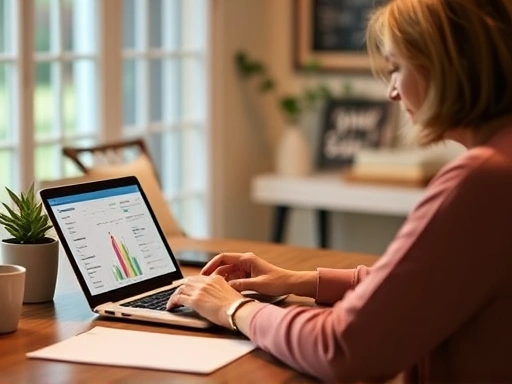 {한 여성이 테이블에 앉아 가계부 앱을 사용하여 재정을 계획하고, 따뜻한 조명과 편안한 분위기