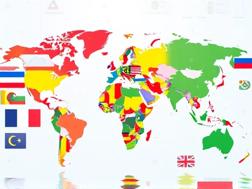 다채로운 세계 지도 위에서 여러 나라의 국기들이 겹쳐져 있고, 그 위에 주식 차트와 돈을 상징하는 아이콘들이 떠다니는 모습