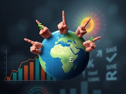작은 지구본 위에 다양한 통화 기호들이 겹쳐져 있으며, 손가락으로 가리키는 모습