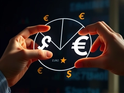 두 손이 서로 다른 통화 기호(달러, 유로 등)를 감싸고 있으며, 한 손은 환율 변동 그래프를 안정적으로 유지하려 하고 다른 한 손은 헤징 도구를 사용하는 듯한 모습