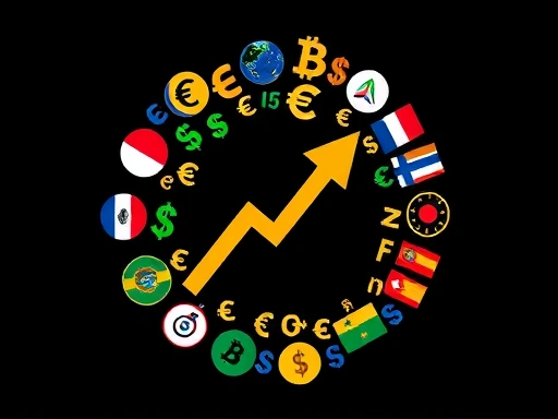 다양한 국가의 통화 기호가 원형 그래프처럼 모여있고, 그 중앙에 불안정하게 흔들리는 화살표가 있는 이미지