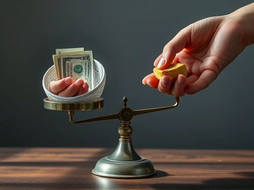 한 손은 저울에 돈을 올려놓고, 다른 손은 소비를 상징하는 물건을 올려놓으며 신중하게 균형을 맞추려는 모습