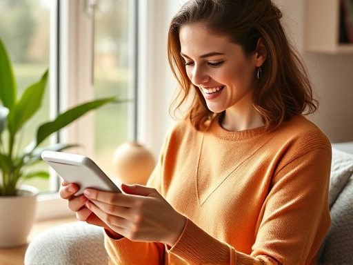 한 여성이 가계부 앱을 보면서 소비 내역을 확인하고, 밝은 분위기