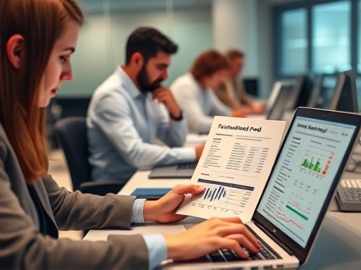 투자자들이 노트북 앞에 앉아 펀드 투자 설명서를 진지하게 들여다보는 모습