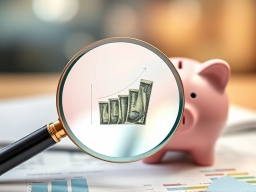 작은 저금통과 함께 복리 효과를 상징하는 돋보기가 놓여 있는 클로즈업 샷.