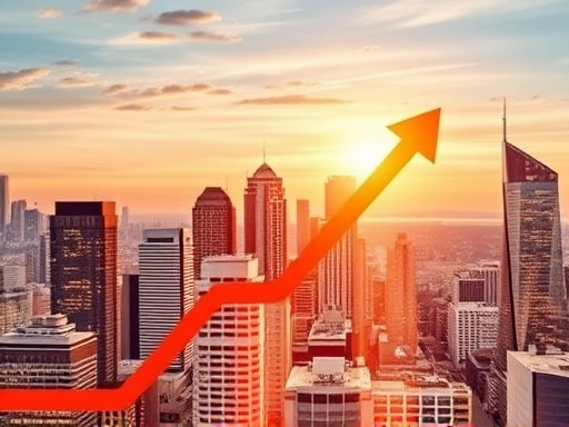 역동적인 도시 스카이라인을 배경으로 재정적 성장을 상징하는 상승 화살표가 있는 첫 번째 이미지