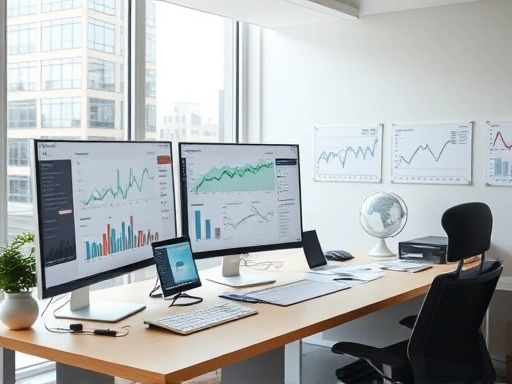 투자 그래프와 분석 도구가 있는 작업 공간을 보여주는 넓은 샷.