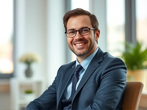 한 남성이 밝은 사무실에서 정장을 입고 앉아 편안하게 미소지으며, 전문성과 자신감을 드러내는 장면