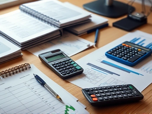 투자 관련 서적과 계산기가 놓인 책상을 클로즈업하여 정보 분석과 계획의 중요성을 강조, 차분한 색상과 정돈된 배치를 통해 신중한 의사결정 분위기