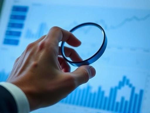 재무 차트를 분석하는 투자자의 손, 분석과 신중함을 상징하는 날카로운 초점과 푸른 색조