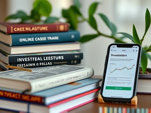 투자 관련 서적, 온라인 강의 플랫폼, 투자 시뮬레이션 앱 등을 클로즈업한 이미지