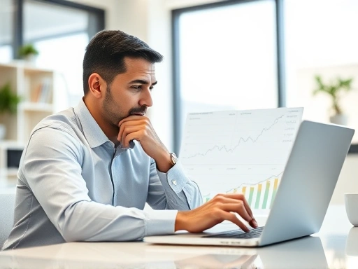 한 남자가 노트북으로 투자 차트를 분석하며 진지하게 생각하는 모습