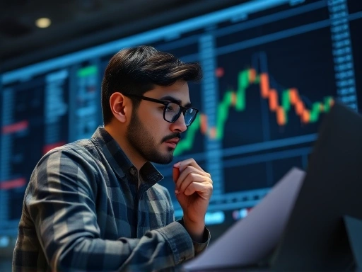 주식 차트를 분석하며 고민하는 투자 초심자의 모습