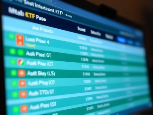 ETF 상품 목록을 보여주는 MTS 화면 클로즈업, 깔끔한 인터페이스와 다양한 정보로 신뢰감을 높입니다.