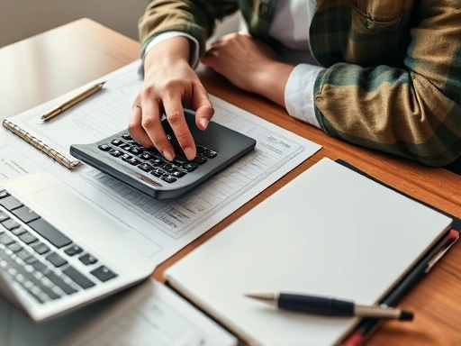 계산기와 다이어리, 펜이 놓인 테이블 위에서 재정 계획을 검토하는 클로즈업 샷으로, 따뜻한 색감과 신중한 분위기
