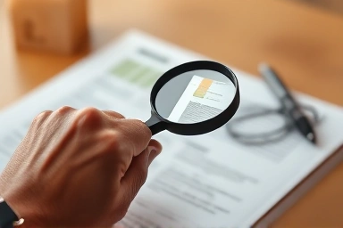 돋보기로 투자 관련 서류를 자세히 검토하는 손의 클로즈업 샷으로 세부 분석 및 신중한 의사 결정을 강조하며, 따뜻한 색상과 부드러운 조명을 사용하여 신뢰감을 줍니다.