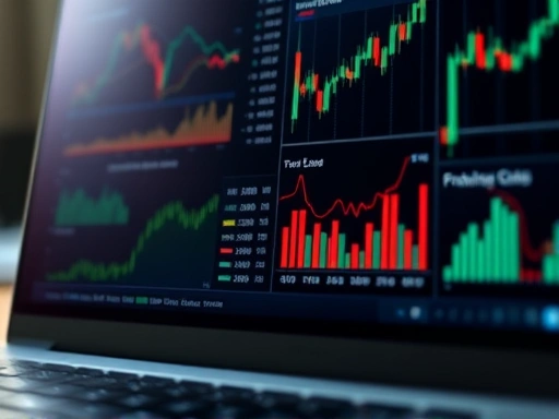 다양한 투자 그래프와 차트가 표시된 노트북 화면을 클로즈업, 전문적인 분석 도구와 섬세한 조명을 사용하여 정보의 신뢰도를 높입니다.