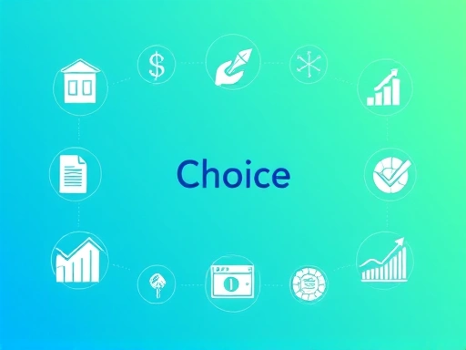 다양한 투자 상품 아이콘과 그래프가 배열되어 있고, 중앙에 '선택'이라는 키워드가 돋보이는 모던하고 깔끔한 디자인.