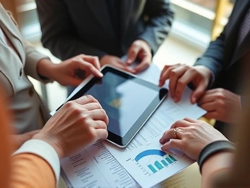 여러 손이 모여 투자 관련 서류와 태블릿을 보고 있는 클로즈업 사진.