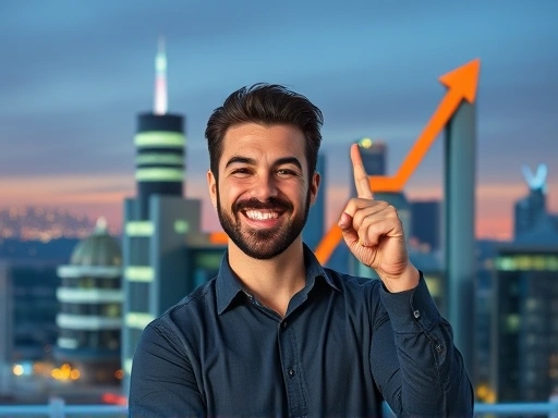 한 남성이 밝은 미소를 지으며 그래프가 상승하는 것을 가리키고 있고, 배경에는 현대적인 도시 풍경이 펼쳐져 성공적인 투자를 암시하며, 따뜻한 색감과 강조된 빛으로 희망찬 분위기