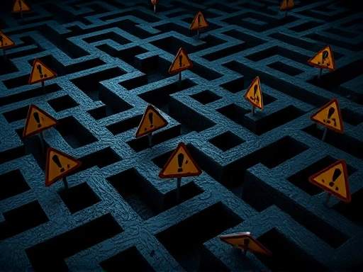 경고 표지판이 세워진 미로를 클로즈업하여 보여주며, 복잡한 투자 환경과 숨겨진 위험을 상징하고, 어두운 색조와 강렬한 그림자로 긴장감과 주의를 환기시키는 두 번째 이미지
