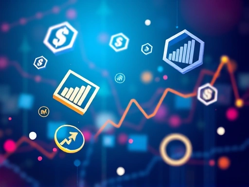 다양한 투자 아이콘과 그래프가 떠다니는 추상적인 이미지