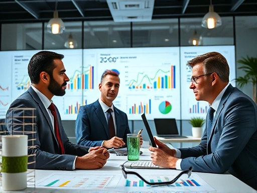 다채로운 색감의 그래프와 차트가 돋보이는 사무실, 데이터를 분석하며 투자 전략을 논의하는 전문가들의 진지한 표정을 담은 첫 번째 이미지
