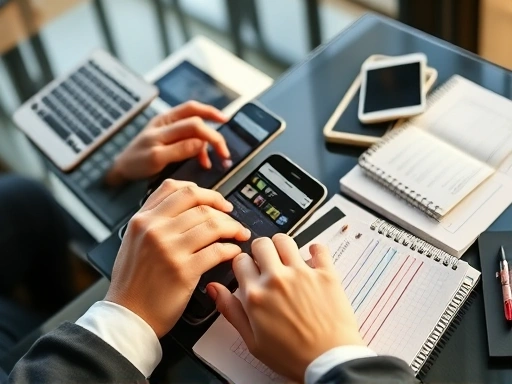 다양한 디지털 기기와 노트를 사용하여 온라인 부업 아이디어를 구상하는 손 클로즈업 샷입니다.