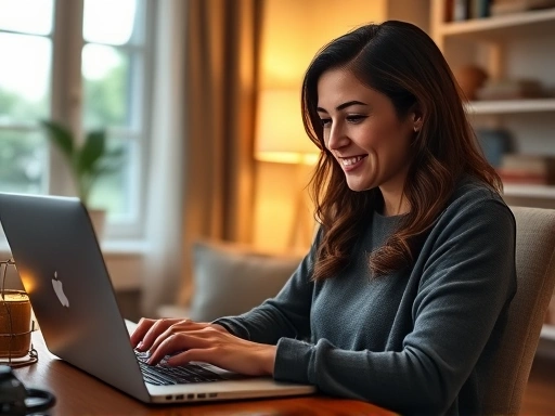 노트북을 사용하여 집에서 편안하게 온라인 부업을 하는 한 여성을 보여주는 고화질 이미지