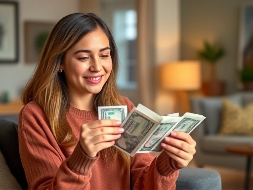 편안한 가정 환경에서 밝게 웃으며 돈을 세고 있는 젊은 여성의 모습
