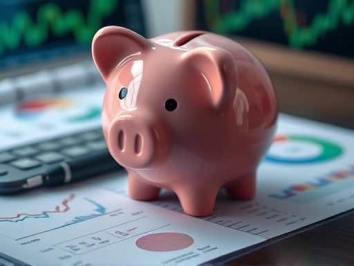 탁자 위에 놓인 저금통과 주식 그래프를 클로즈업한 이미지