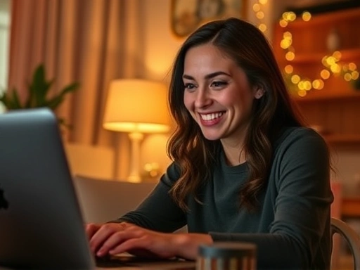 한 여성이 노트북 앞에서 미소를 지으며 작업하는 모습