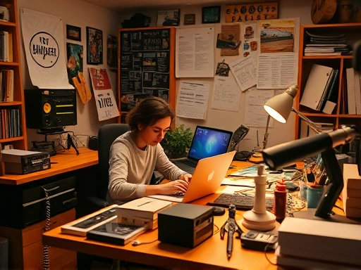 다양한 도구와 자료로 둘러싸인 책상에서 일하는 사람의 역동적인 샷은 부업 작업 공간의 본질을 포착하고 집중과 생산성을 불러일으키며 따뜻한 조명은 편안하고 매력적인 분위기