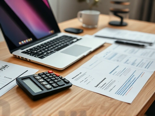 개방된 노트북, 서류, 계산기가 있는 깔끔하게 정리된 책상의 세부적인 클로즈업 샷은 일상 업무에 필요한 재정적 고려 사항과 주의를 강조하고 부드러운 조명은 전문성을 나타내고 작업의 중요한 특성을 강조합니다.