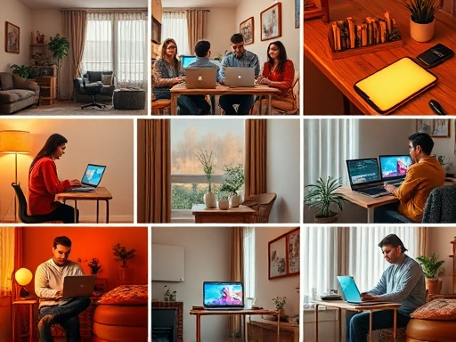 다양한 부업 도구를 사용하여 집에서 편안하게 일하는 사람들의 모습