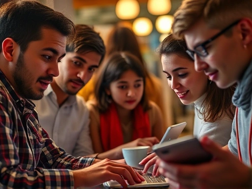 다양한 연령대와 배경을 가진 사람들이 디지털 작업과 온라인 활동에 몰두하는 모습